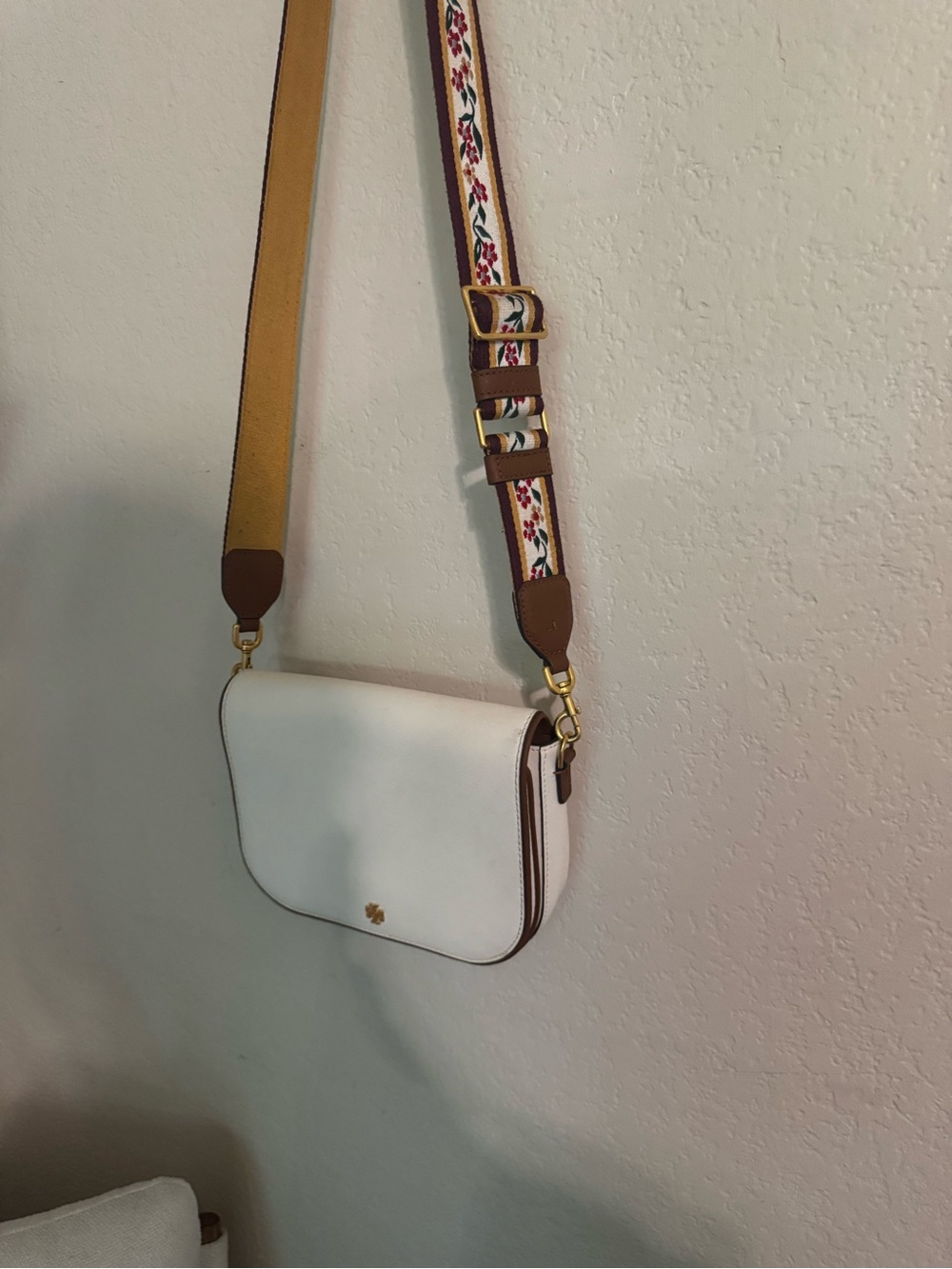 Tory Burch White Leather Crossbody with Floral Adjustable Strap
